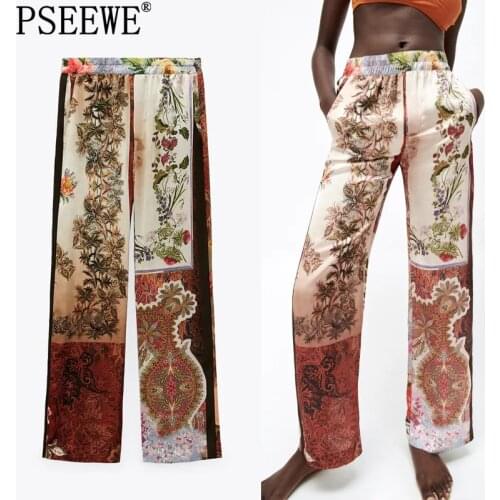 PSEEWE Za 2021 Patchwork Pants For Women High Waist Summer Woman Trousers Vintage Print Elastic Waist Casual Loose Pants Sets