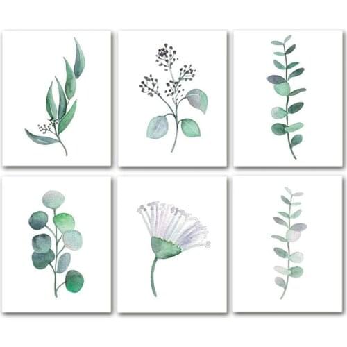 Botanical Canvas Wall Art, Unframed Eucalyptus Leaves Set, Nature Floral Green Plant for Wall Decor (Frameless,6 PCS)