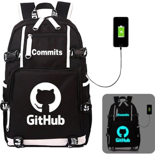 IT Git Hub Commits With USB Luminous Backpack Bags GitHub Laptop Travel Bags School Teenagers Rucksack Gift Cosplay