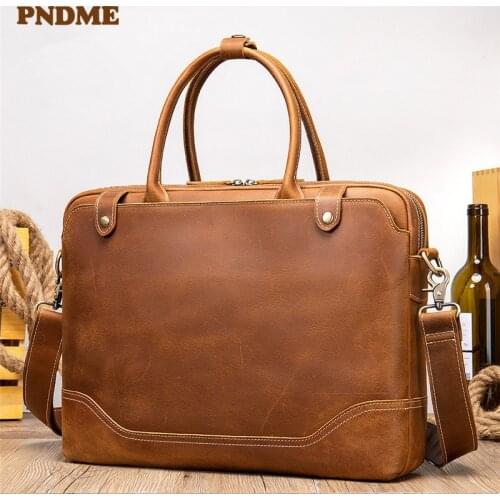 Vintage high quality crazy horse cowhide mens briefcase business natural genuine leather laptop shoulder bag lawyer handbag