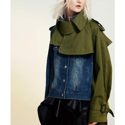 Women Colorblock Denim Jacket Winter Epaulet Spliced Contrast Color High Street Jeans Jacket Coat 2021