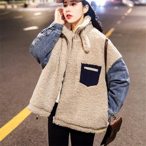 Fur Cotton Clothing Female 2019 Winter New Loose Imitation Lamb Hair Stand Collar Denim Stitching Fashion Warm Cotton Coat Tide HHH00155