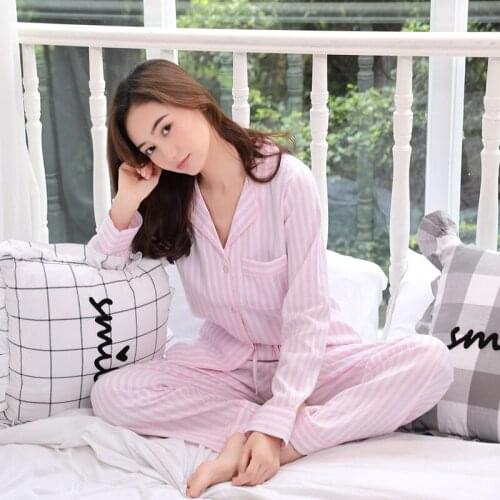 Female Long-Sleeve Pajama Red White Striped Pajamas Pyjama Femme Sleepwear Women Pijama