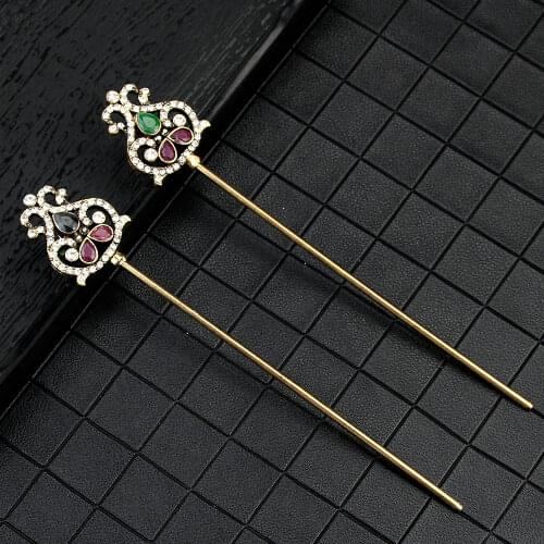 Sunspicems Vintage Boho Crystal Hair Clasp Resin Hairpin for Women Ethnic Flower Jewelry Antique Gold Color Arabic Bijoux