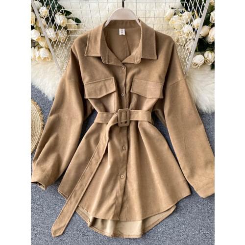 Women 2021 Autumn Winter Shirts Retro Cargo Style Pockets Long-Sleeved Shirt Puff Sleeve Bandage Nipped Waist Tops Female PL438