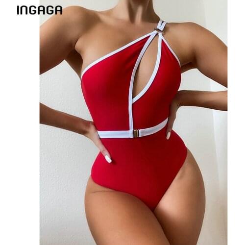 INGAGA Cut Out One Piece Swimsuits 2021 One Shoulder Swimwear Women Belted Bodysuits Sexy Black Beachwear Backless Bathers