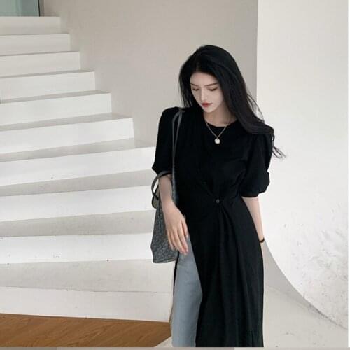 Solid Summer Women Dress Cotton T Shirt Dress Button Pleated O Neck Short Sleeve High Split Street Wear Female Dress Knee Length
