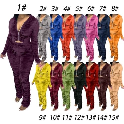 Winter Velvet Stacked Pants Sets Casual Hooded Tracksuit Long Sleeve Zipper Up Top and Long Pleated Pants 2 Pieces Autumn Outfit