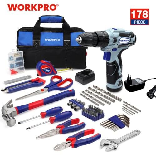 WORKPRO 178 PC Home tool kit with 12V Cordless Drill Electric Screwdriver Wireless Power Driver DC Lithium-Ion Battery