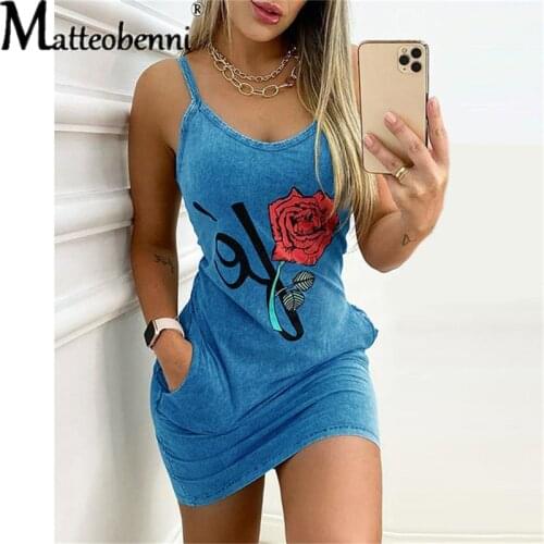 2021 Womens Rose Printed Dress Sexy Sling O-Neck Sleeveless Summer Party Night Casual Dress High Quality Comfy Daily Dresses