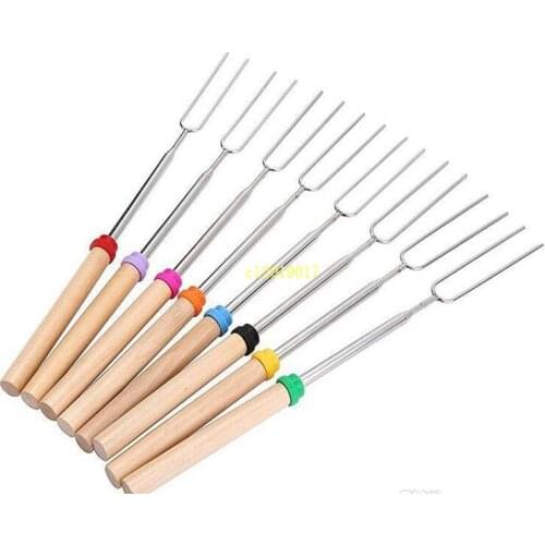 BBQ Forks Camping Campfire Stainless Steel Campground Lunch Tools Wooden Handle Telescoping Barbecue Roasting Fork Sticks Skewer