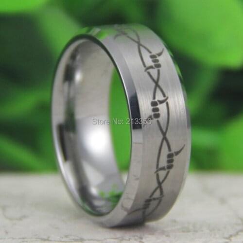 Free Shipping!USA Hot Sales E&C TUNGSTEN LUXURY JEWELRY 8MM MATTE SILVER BEVEL BARBWIRE DESIGN MENS LORD TUNGSTEN WEDDING RING