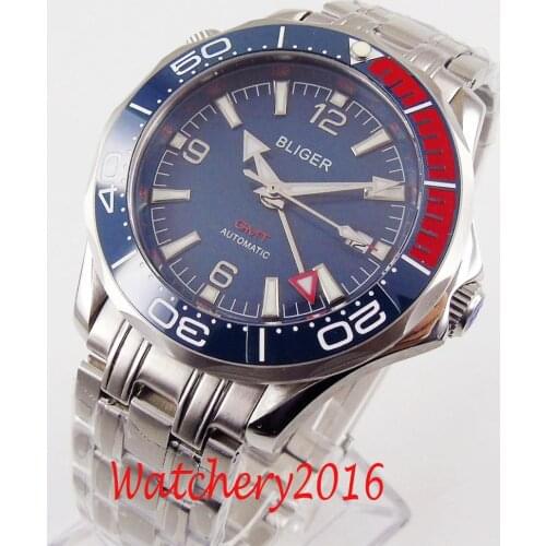 BLIGER 41mm Blue Dial Ceramic Rotating bezel GMT Sapphire Crystal Auto Date Luminous Mens Watch Automatic Movement