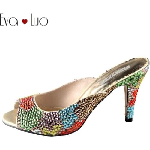 CHS461 Custom Made Mixed Colors Crystal High Heel Women Slippers Dress Shoes Bridal Wedding Shoes