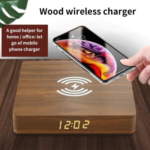 Digital Alarm Clock Wireless Phone Charger Wooden Clock with Digital Display, Brown Wood Grain