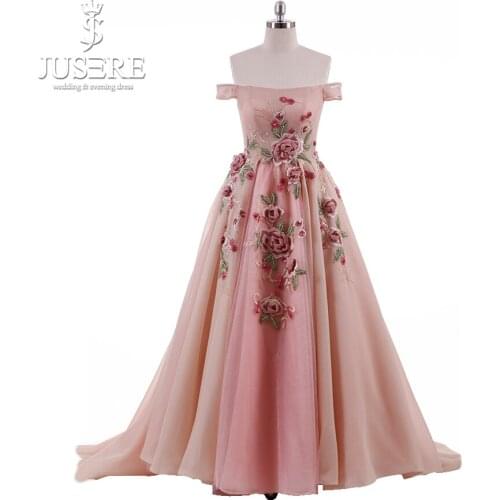 Jusere New Design Off the Shoulder Straps Puffy A line Hand Made Floral Flowers Zipper Gown Party Elegeant Long Prom Dress