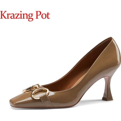 Krazing Pot genuine leather square toe shallow high heels metal fasteners strange style European style slip on women pumps L8f1