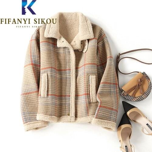 Winter Jacket Women Thick Warm Plaid Lambs Wool Jacket Short Coat Lapel Motorcycle Jackets Female High Quality Loose Outerwear