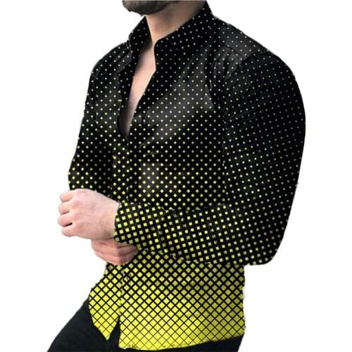 M-3XL Shirt Gradient Turn-down Collar Single-breasted Digital Printing Male T-shirt for Autumn