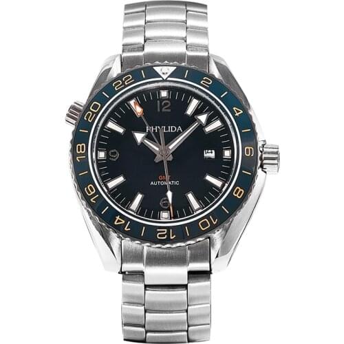 PHYLIDA 2021 Calendar 3bar Black Luxury Male Gmt Double-Time Automatic Watch Sea Ocean Homage Sapphire Crystal Bracelet