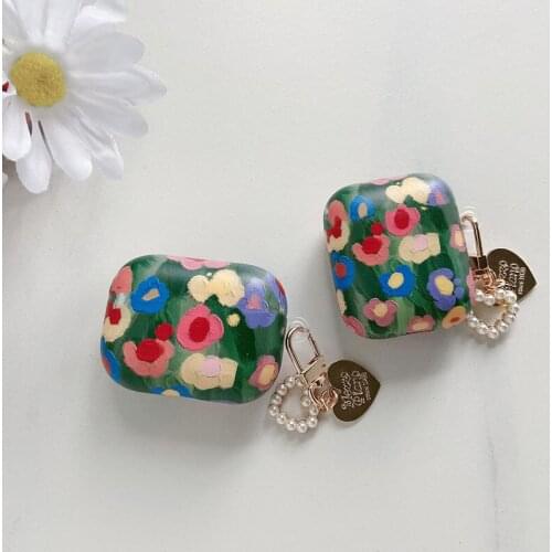 Retro Painting Floral Pattern Earphone TPU Soft case For Apple Airpods 1 2 Pro 3 Wireless Headset Box Cover Pearl Keyring Cute