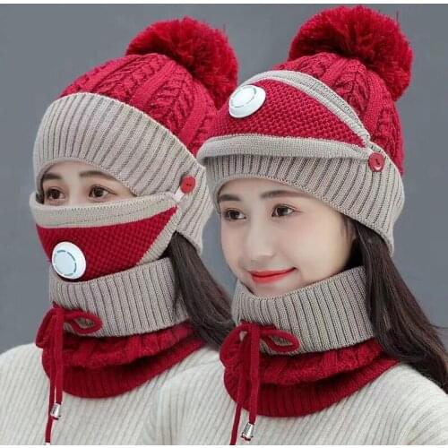 Set 3 Anti-fog Hats Women Winter Beanies Velvet Thick Bib Mask Skullies Beanie Hat Dustproof Hats Female Warm knitted Wool Cap