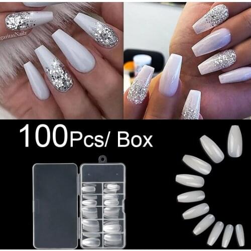 100 Pieces Or 600pcs/pack Long Ballerina False Nails Art Tips Coffin Nails Full Cover French Fake Ballerina Coffin Nails