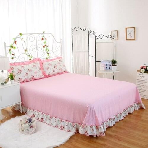 Cotton printing Bed Bed cover Fitted Sheet Pillowcases 2/3pcs Solid Princess Ruffle hem Bedding
