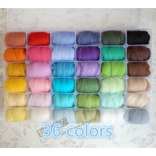 Free shipping 1 set mix 36 Wool Fiber Roving For Needle Felting Hand Spinning DIY wool felt Gift boxes Storage box