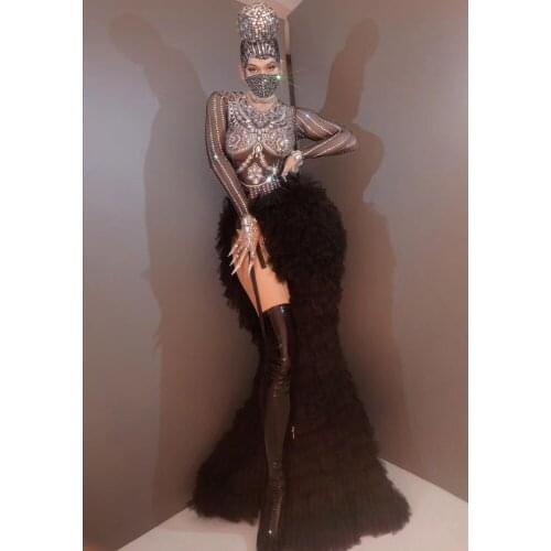 Sexy Perspective Rhinestone Party Club Costumes Women Crystal Bodysuit + Mesh Tiered Skirts Dancer Stage Performance Outfit Sets