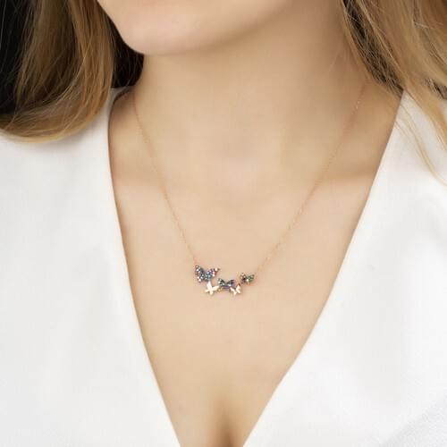 Daisy Silver Colored Stone Silver Butterflies Necklace