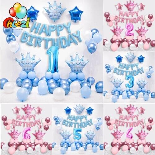 Happy birthday party decorations wedding blue pink crown balloons Chrome Metallic1 2 3 number ballons baby shower decorations