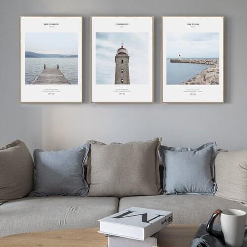 Nordic Style Architecture Ocean Scenery Beacon Building House Canvas Painting Wall Picture Printing Poster Room Sofa Decoration