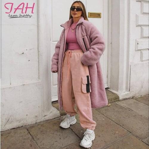 IAMHOTTY Pink Ribbon Big Pocket Sweat Pants Sporty Hip-Hop Baggy Joggers Women Pantalones Drawstring Cargo High Waist Pants New