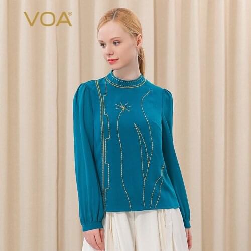 VOA Yellow Thread Embroidered Bordered Stand Collar Irregular Puff Long Sleeve Tops Autumn Blue Silk Tees Woman Tshirts BE283