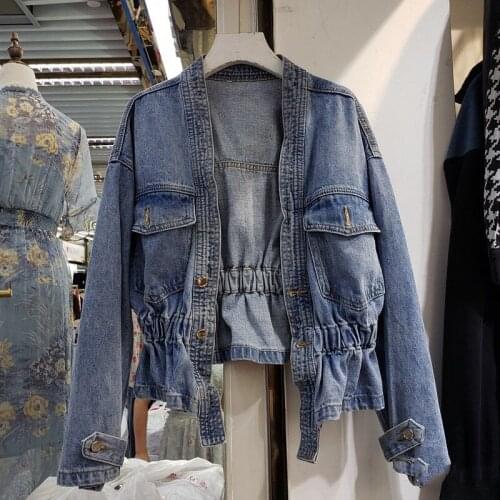 Streetwear Autumn 2021 Korean Style Short Denim Jacket Female V-neck Waist Fashion Trend All-match Ladies Coats Blue Overcoat