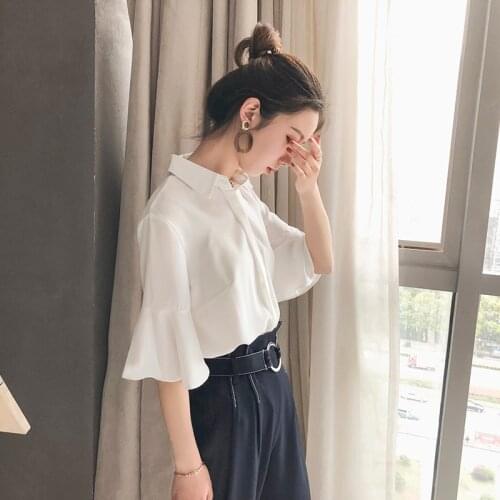 2021 Spring Chiffon Shirt Womens Young Korean Style Fashionable Stylish Half Sleeve Professional Ethereal All-Matching Bell