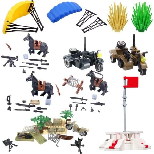 Military Series Toys For Children Flag Station Sandbags Motorcycle Guns Horse Accessories Militaries Compatible Building Blocks