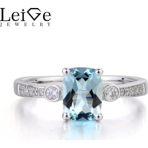 Leige Jewelry Natural Aquamarine Ring Cushion Cut Blue Gemstone March Birthstone Promise Rings 925 Sterling Silver Ring for Her