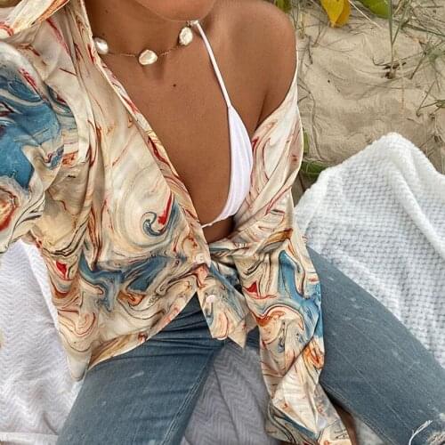 Thorn Tree Tie Dyeing Print Shirts Beach Clubwear 2021 Sexy Women Long Sleeve Buttons Up V-neck Loose Causal Shirts Blouses Fall