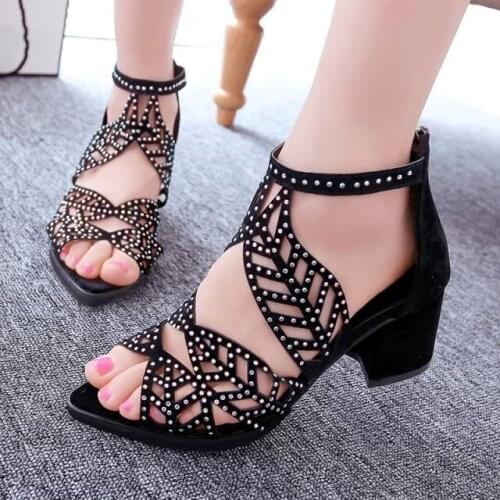 2020 New style Women Summer Hollow Out Faux Leather Rhinestones Thick Heel Zipper Sandals Shoes Eur 35-40