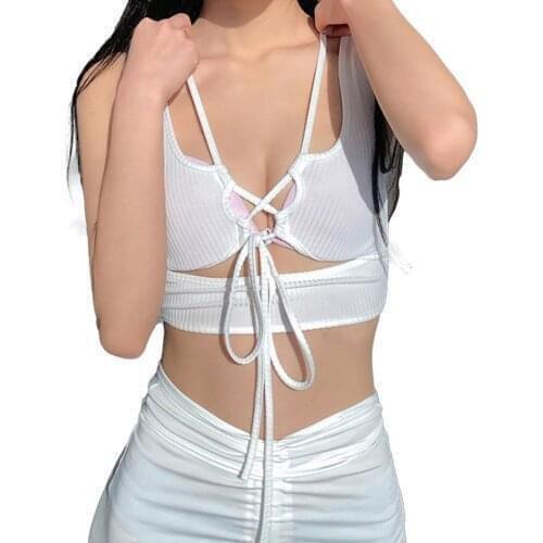 Women’s Fashion Solid Color Vest Sexy V-neck Hollow Bandage Exposed Navel Sleeveless Tops