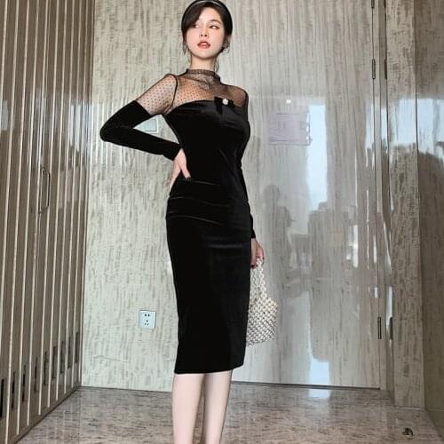 Spring Summer Black Velvet Dress Women Long Sleeve Mesh Patchwork Polka Dot Dress Ladies Sheer Sexy Dresses Woman Party Night