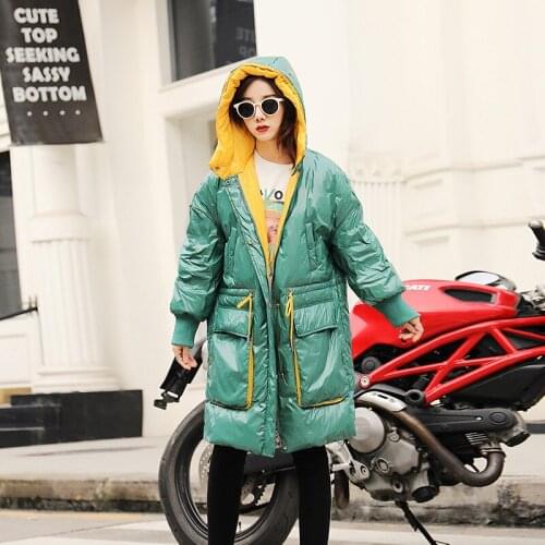 Winter Glossy Down Coat Women Hooded Jacket Coat Long Winter Warm Jacket Parka Women White Duck Down Parka Plus Size Down Jacket