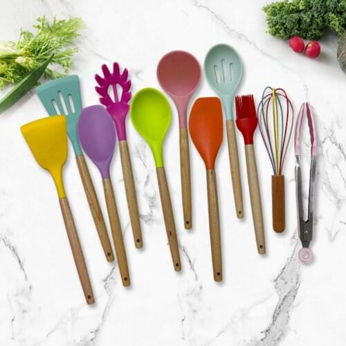 12pcs/Set Food Grade Silicone Kitchenware Household Wooden Beech Handle Cooking Utensils Non-Stick Spatula Kitchen Accessorie