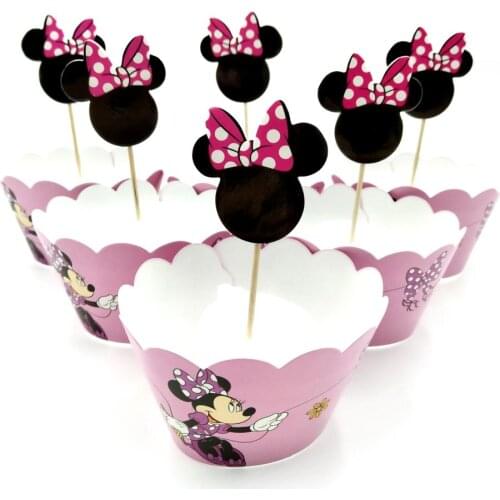 24pcs Wrappers +ToppersMinnie Mickey Mouse Design Colored Paper Cupcake Cake Decorations Party Supplies