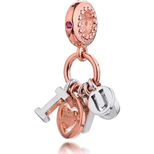 DIY Fits for Pandora Beads Bracelets I Love You Hanging Charms with Rose Golden 100% 925 Sterling-Silver-Jewelry Free Shipping