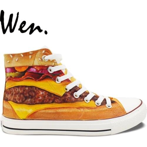 Wen Hand Painted Canvas Shoes Design Custom Delicious Hamburger Patty High Top Women Mens Skateboarding Shoes Outdoor Sneakers
