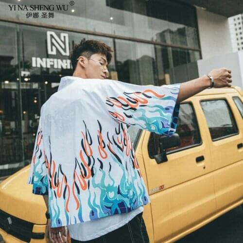 Japanese Style Flame Print Cardigan Kimono Jacket Summer Harajuku Streetwear Women Men White Traditional Short Top Coat
