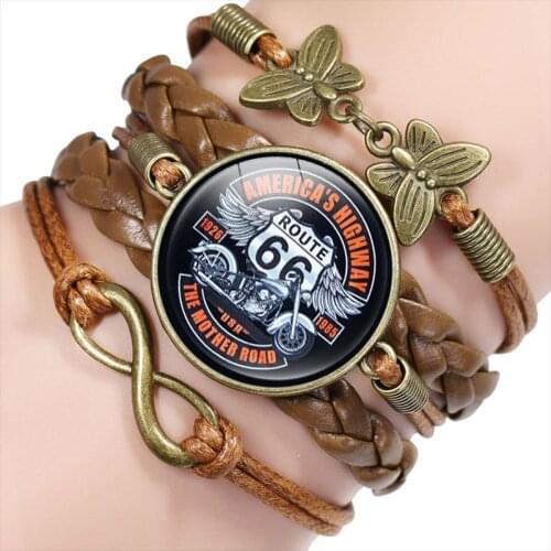 Classic US Route 66 Wide Leather Bracelet Infinity Love Handmade Multilayer Glass Cabochon Bracelets Strap Wristband Jewelry